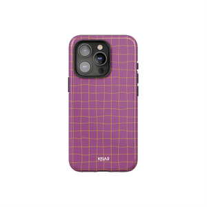 Subtle striped phone case in soft mauve-pink with orange grid lines by KELAB, designed for iPhone with camera cutout and sleek finish.