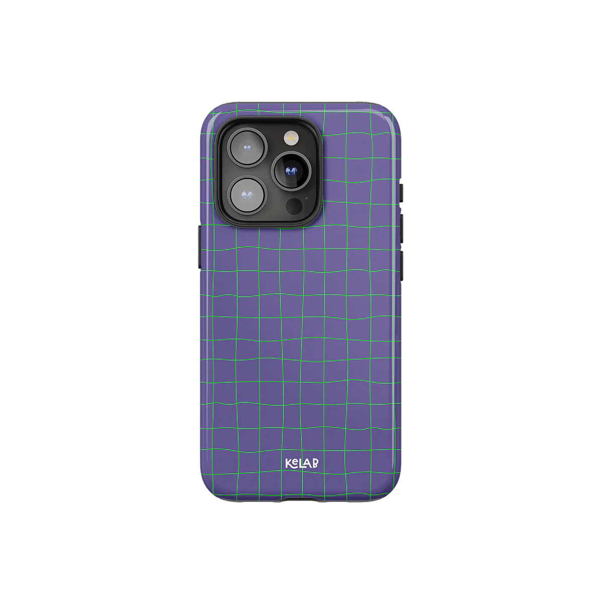 Subtle Striped Phone Case – Purple Grid by KELAB featuring a lilac base with neon green grid lines, designed for iPhone with camera cutout.