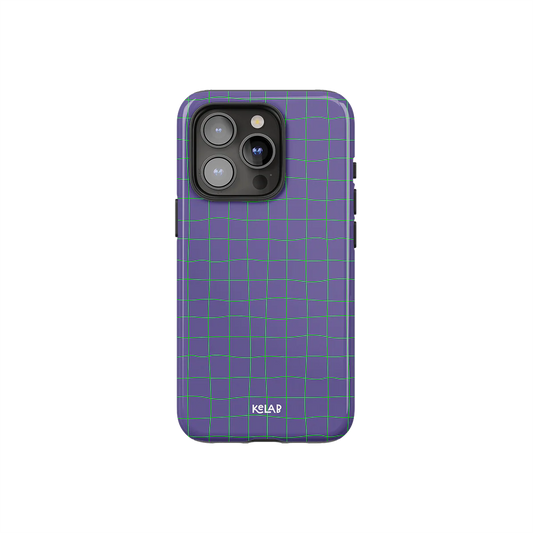 Subtle Striped Phone Case – Purple Grid by KELAB featuring a lilac base with neon green grid lines, designed for iPhone with camera cutout.