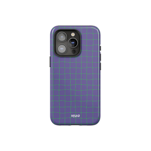 Subtle Striped Phone Case – Purple Grid by KELAB featuring a lilac base with neon green grid lines, designed for iPhone with camera cutout.