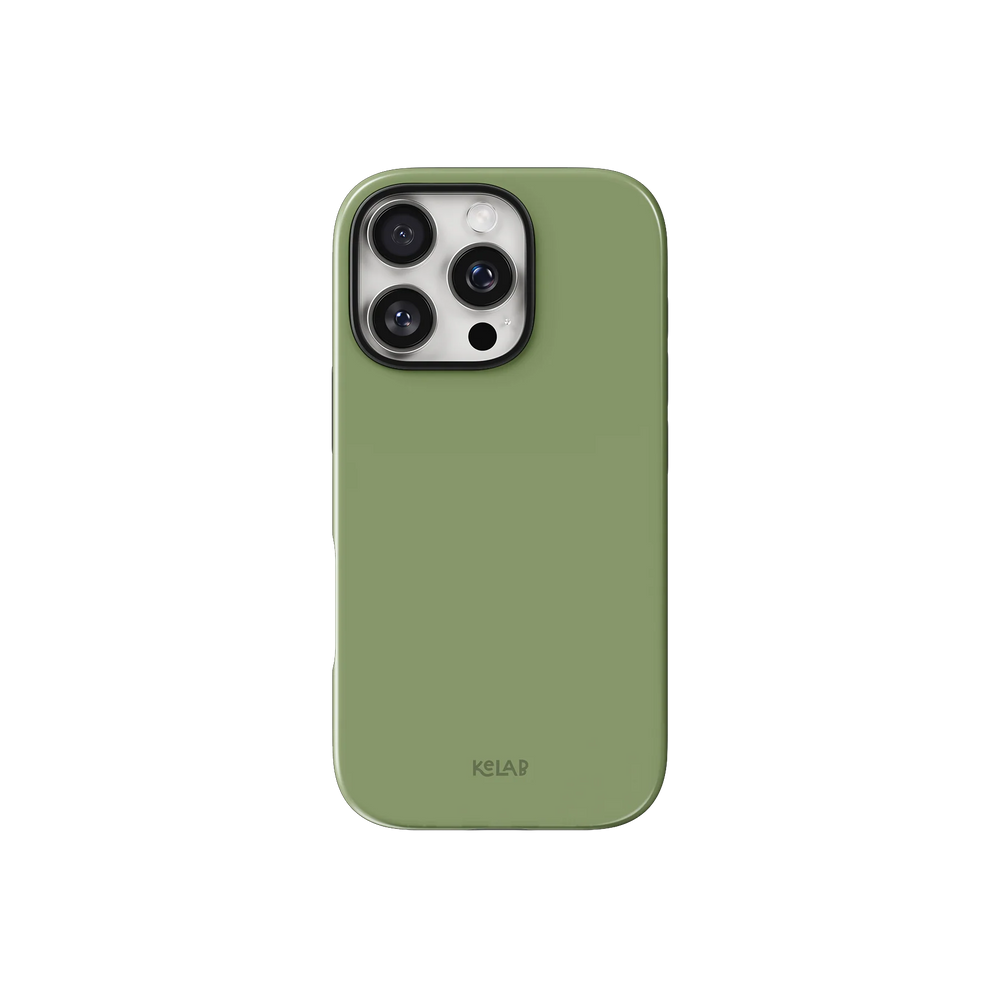 Green Phone Case – Solid Color Minimalist Style | KELAB case in muted olive green with a sleek, glossy finish for iPhone, offering a slim, modern look.