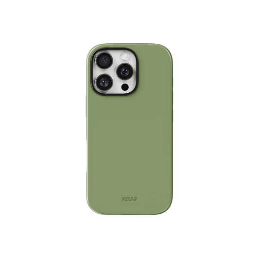 Green Phone Case – Solid Color Minimalist Style | KELAB case in muted olive green with a sleek, glossy finish for iPhone, offering a slim, modern look.