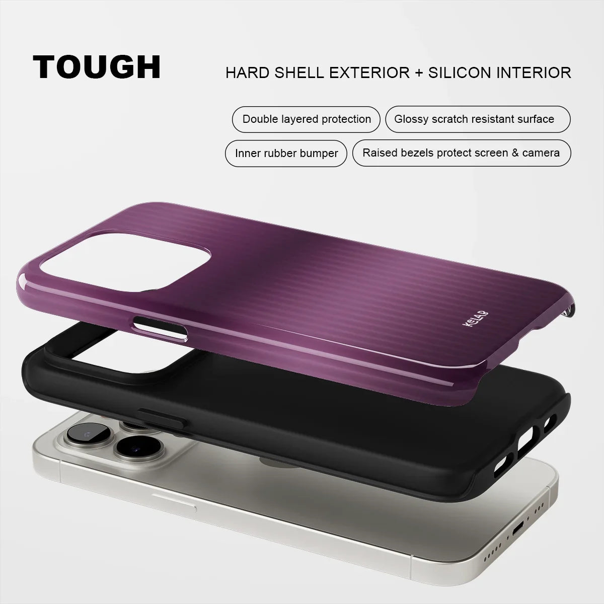 Glossy iPhone case with gradient in plum, lilac, and aubergine tones, featuring subtle vertical texture.
