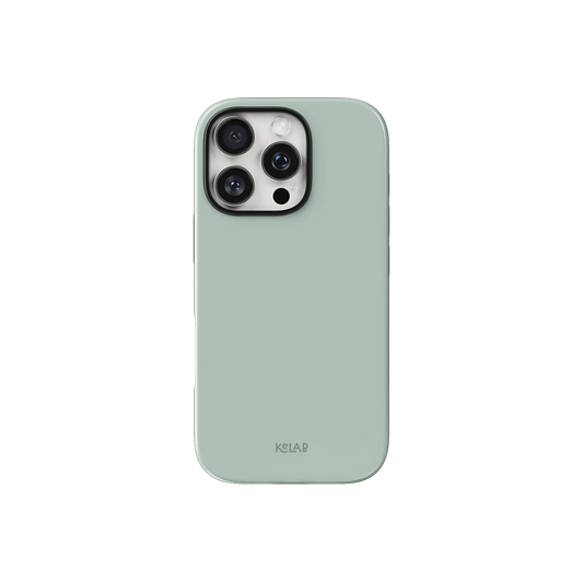 Sage Phone Case – Solid Color Minimalist Style by KELAB shown on iPhone with a pale mint glossy finish and slim profile.