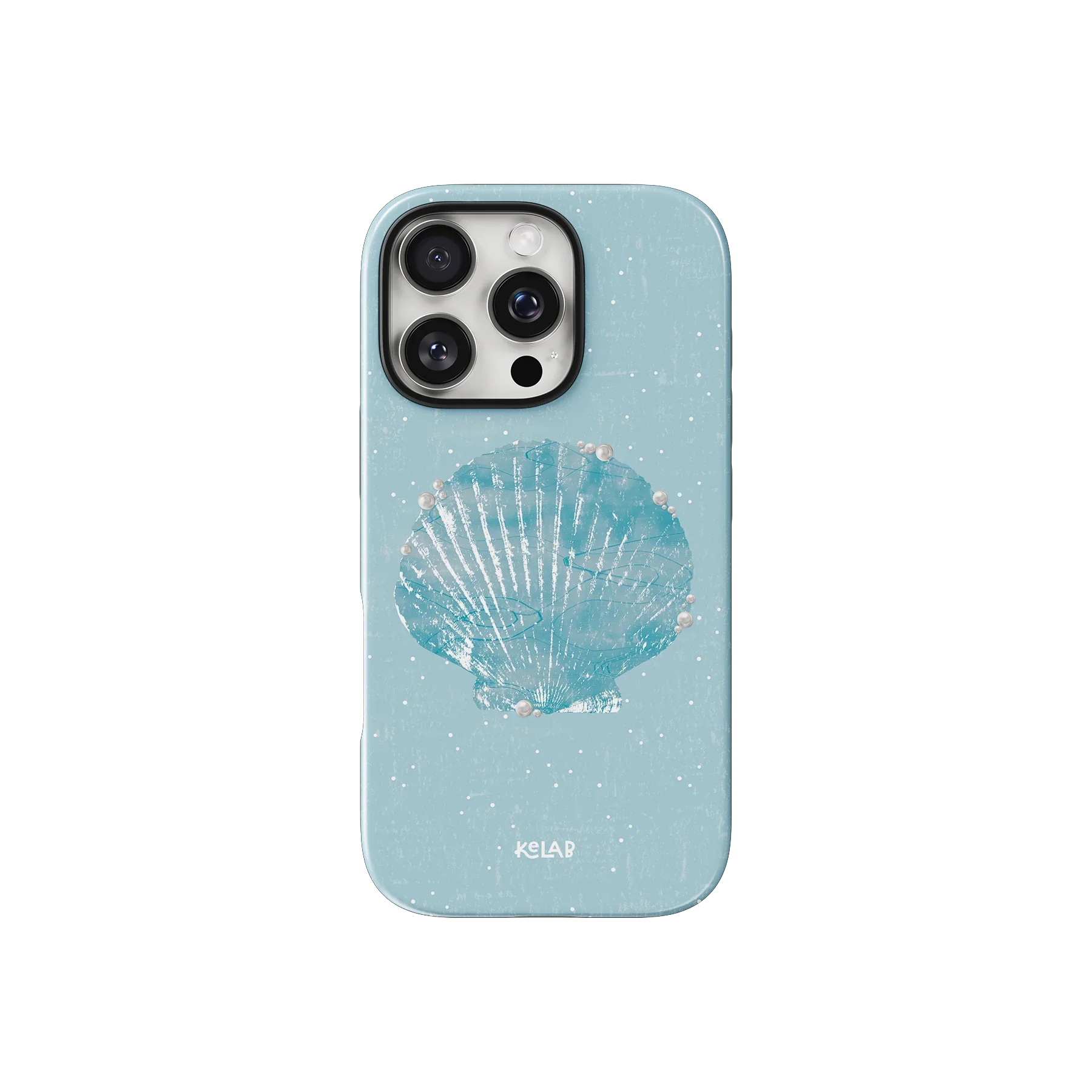 Pastel blue seashell pattern phone case featuring a shimmering scallop shell with pearl accents, ideal for a beach-inspired summer aesthetic.