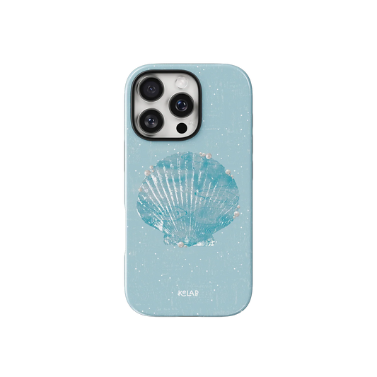 Pastel blue seashell pattern phone case featuring a shimmering scallop shell with pearl accents, ideal for a beach-inspired summer aesthetic.