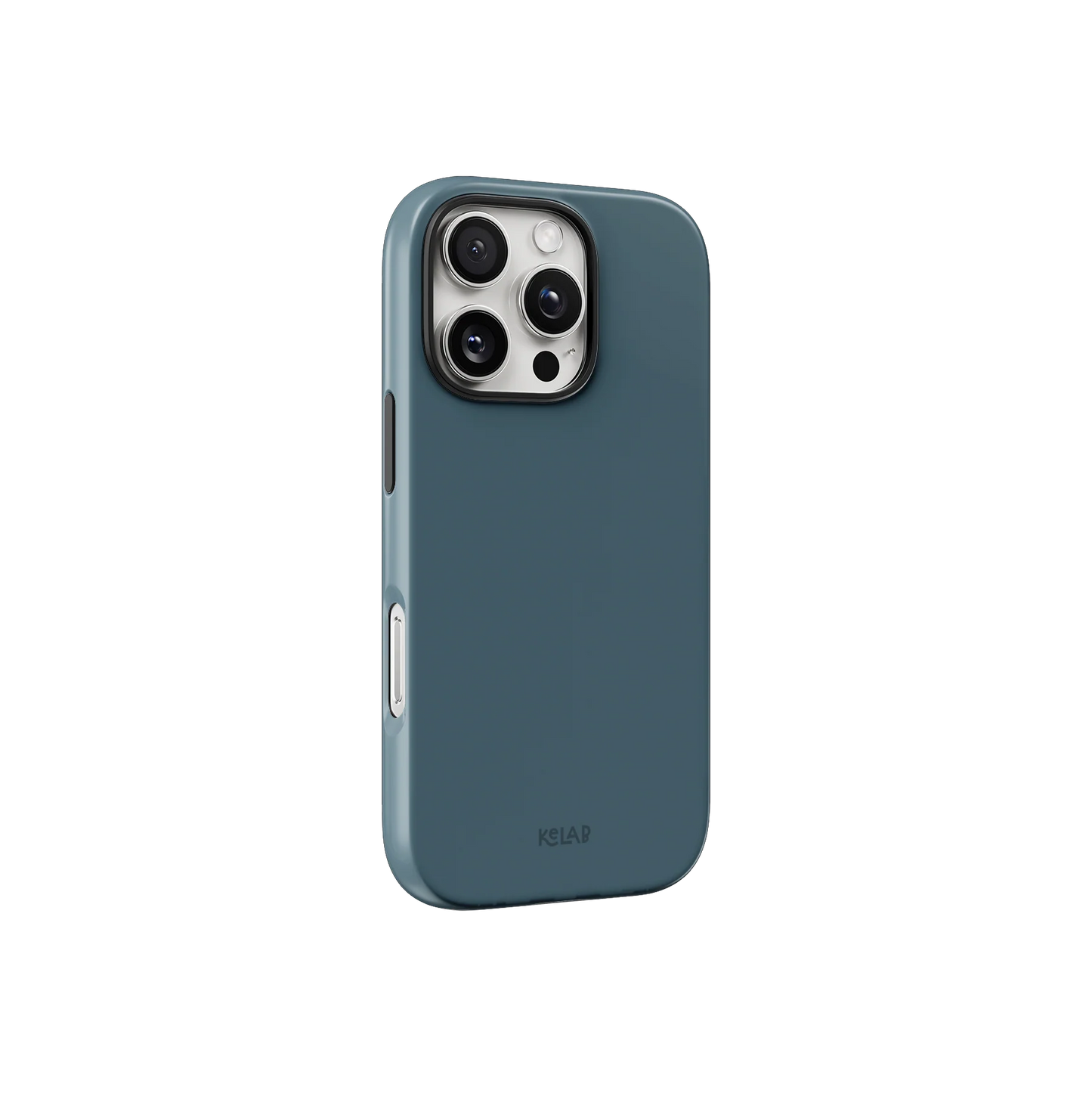 Urban Tide solid teal blue phone case in minimalist design, offering sleek side view with precise button cutouts and glossy surface.