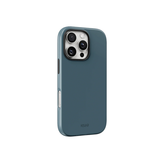 Urban Tide solid teal blue phone case in minimalist design, offering sleek side view with precise button cutouts and glossy surface.