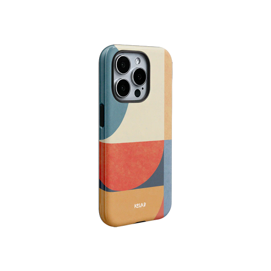 Designer phone case with bold Bauhaus-inspired color blocking in red, navy, and beige. Stylish protection for iPhones by KELAB.