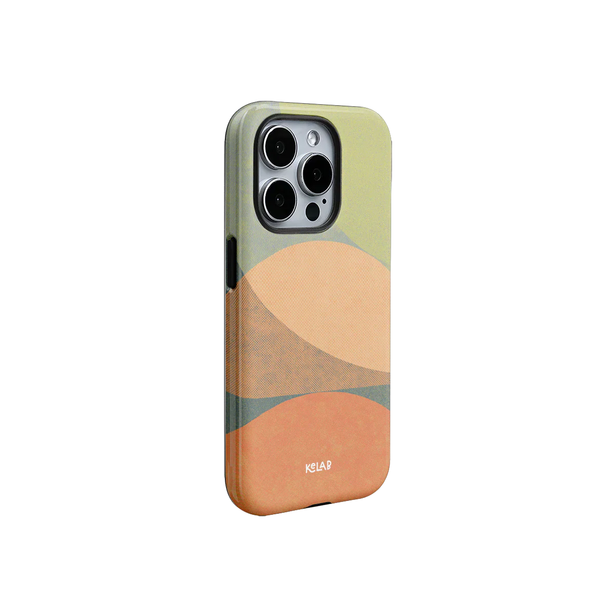 Side view of Olive Arc Mood Modular Phone Case showing layered oval pattern and precise button cutouts for iPhone.