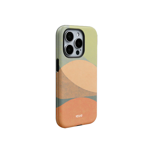 Side view of Olive Arc Mood Modular Phone Case showing layered oval pattern and precise button cutouts for iPhone.