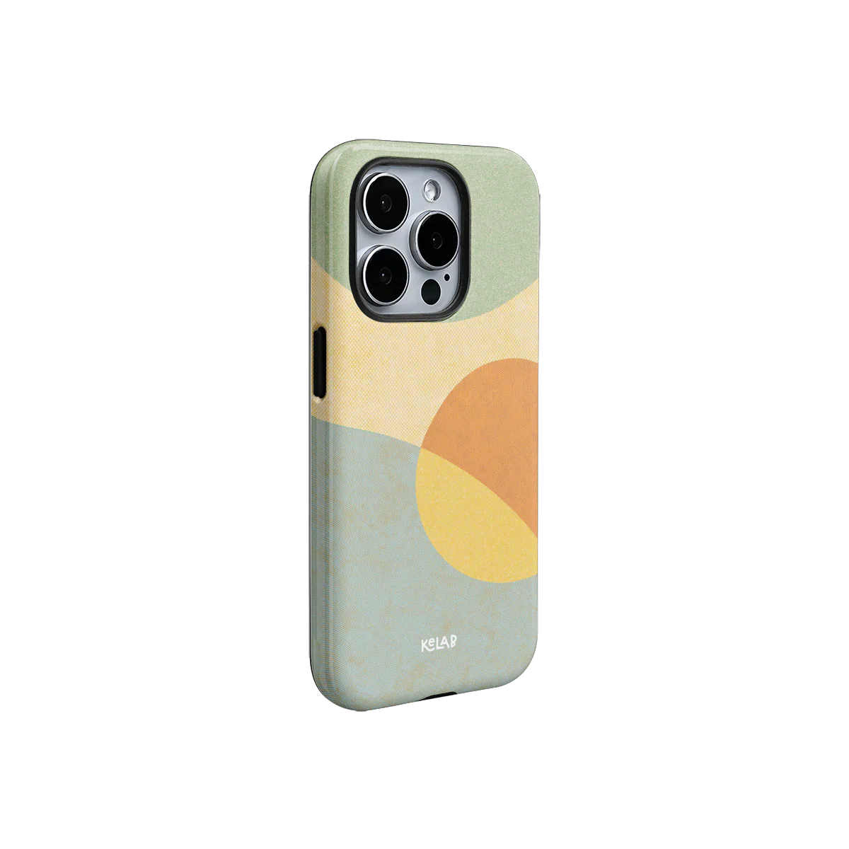 Side view of Pastel Orbit | Mood Modular Phone Case featuring curved pastel shapes in green, orange, and yellow. Retro aesthetic for modern iPhones.