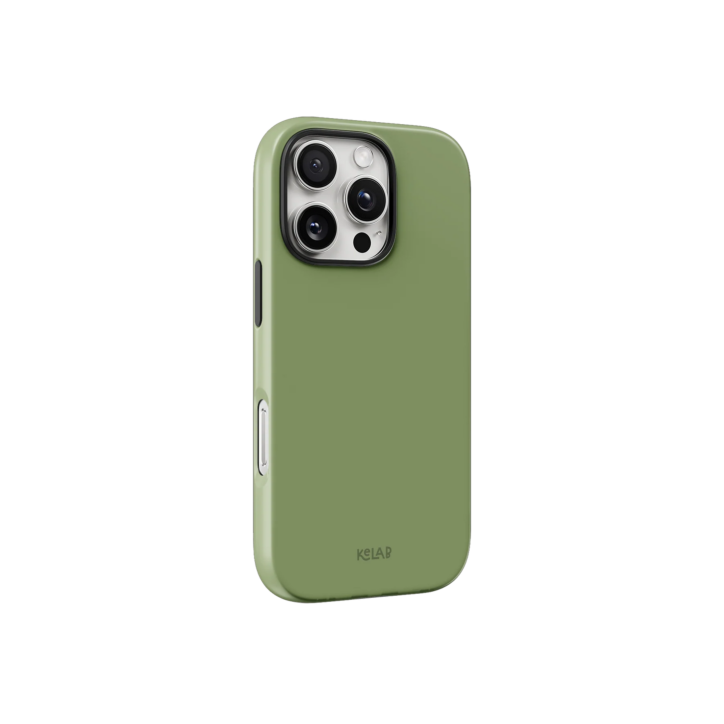 Solid green iPhone case by KELAB in minimalist style, featuring a smooth matte texture and precise cutouts for camera and buttons.