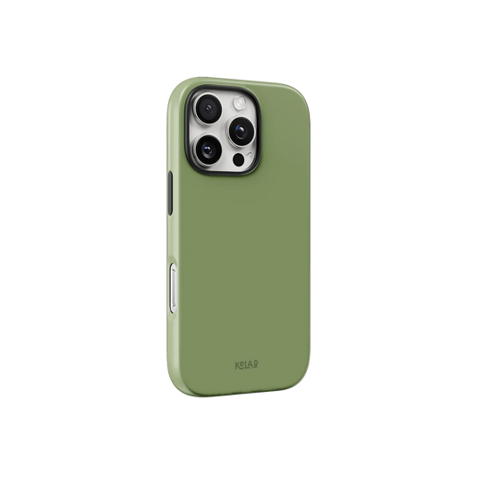Solid green iPhone case by KELAB in minimalist style, featuring a smooth matte texture and precise cutouts for camera and buttons.