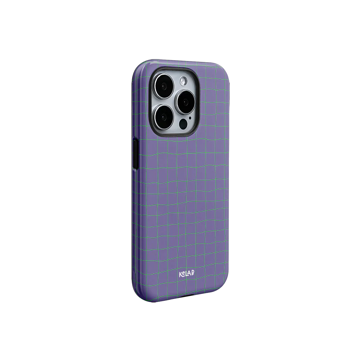 KELAB Violet Thread phone case in solid purple with green grid, showcasing sleek side profile and snug fit for iPhone models.