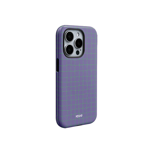 KELAB Violet Thread phone case in solid purple with green grid, showcasing sleek side profile and snug fit for iPhone models.