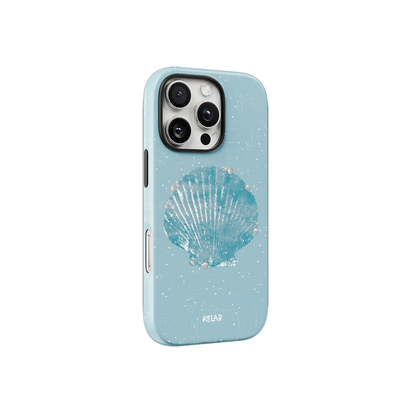 Pastel blue seashell pattern phone case with pearl accents, featuring a coastal-inspired design for iPhone models. Ideal for beach and mermaidcore aesthetics.
