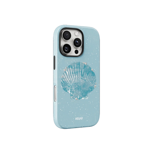 Pastel blue seashell pattern phone case with pearl accents, featuring a coastal-inspired design for iPhone models. Ideal for beach and mermaidcore aesthetics.
