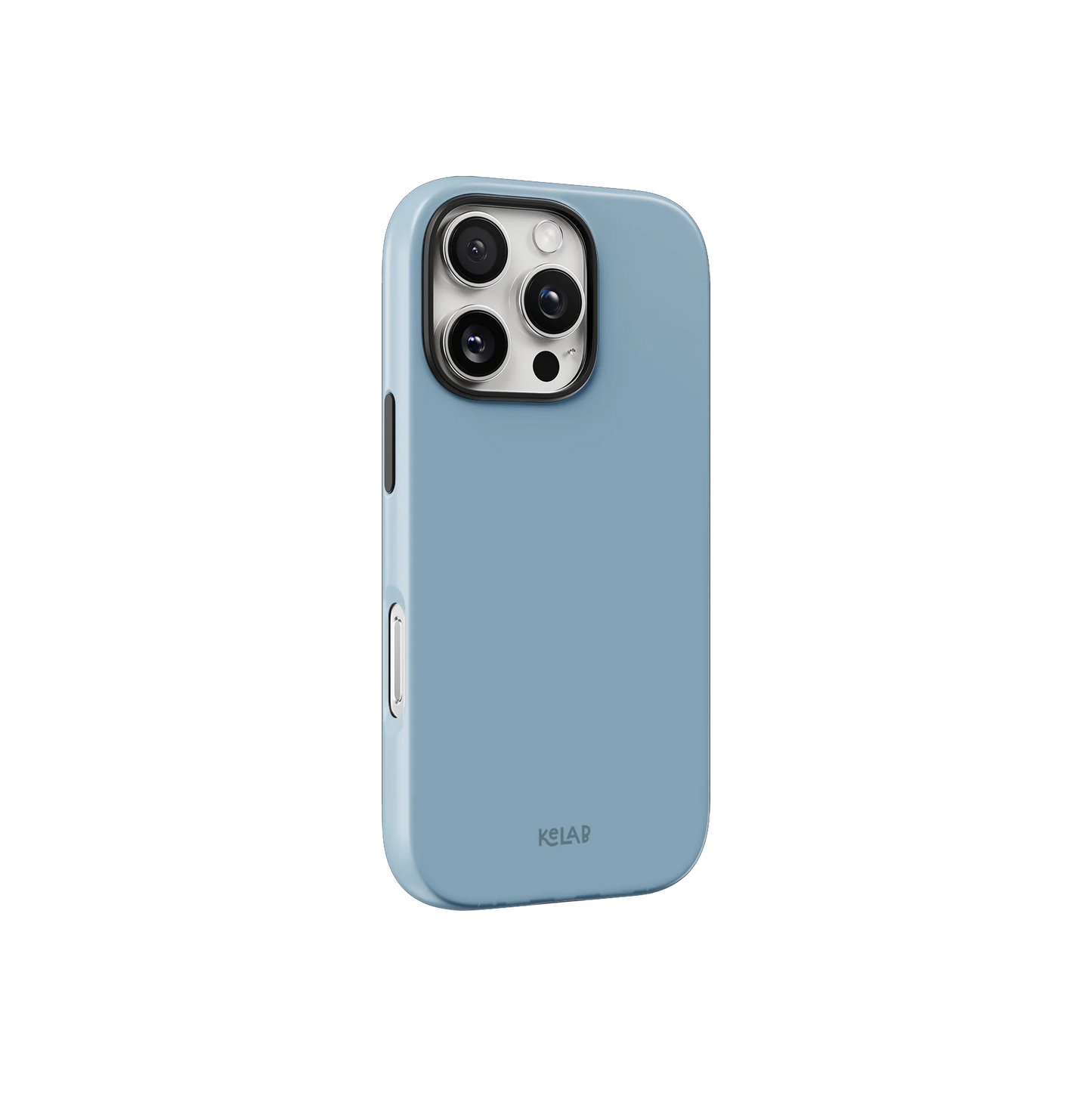 KELAB light blue minimalist phone case with sleek profile and precise button cutouts for iPhone protection and style.