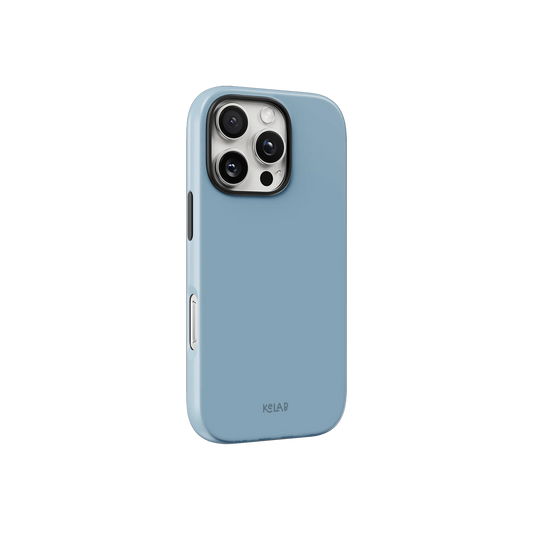 KELAB light blue minimalist phone case with sleek profile and precise button cutouts for iPhone protection and style.