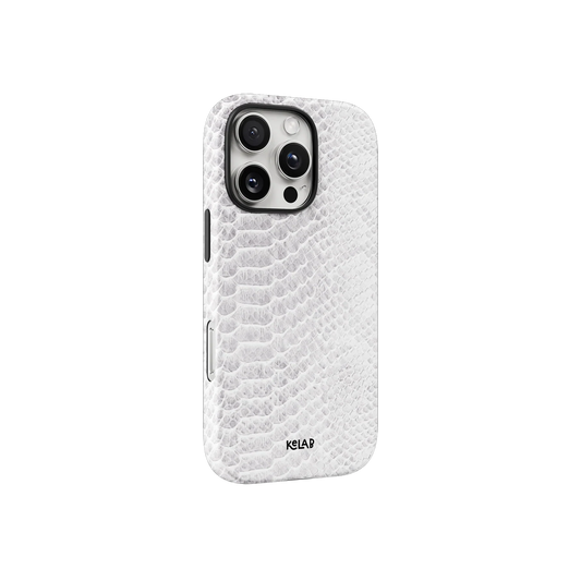 Angled view of KELAB White Snake Skin Print iPhone Case showing textured faux-snake pattern and sleek ivory-toned design.