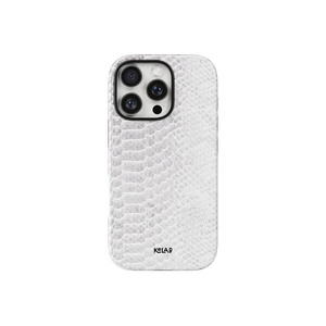 White Snake Skin Print iPhone Case by KELAB featuring embossed faux-snake texture and pearl finish for a minimalist luxury look.