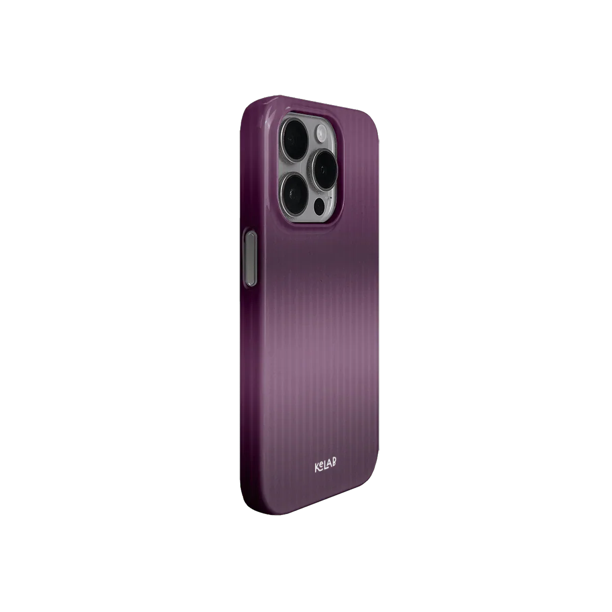 Angled view of the minimalist purple phone case by KELAB, featuring a textured glossy surface and precise camera cutout.