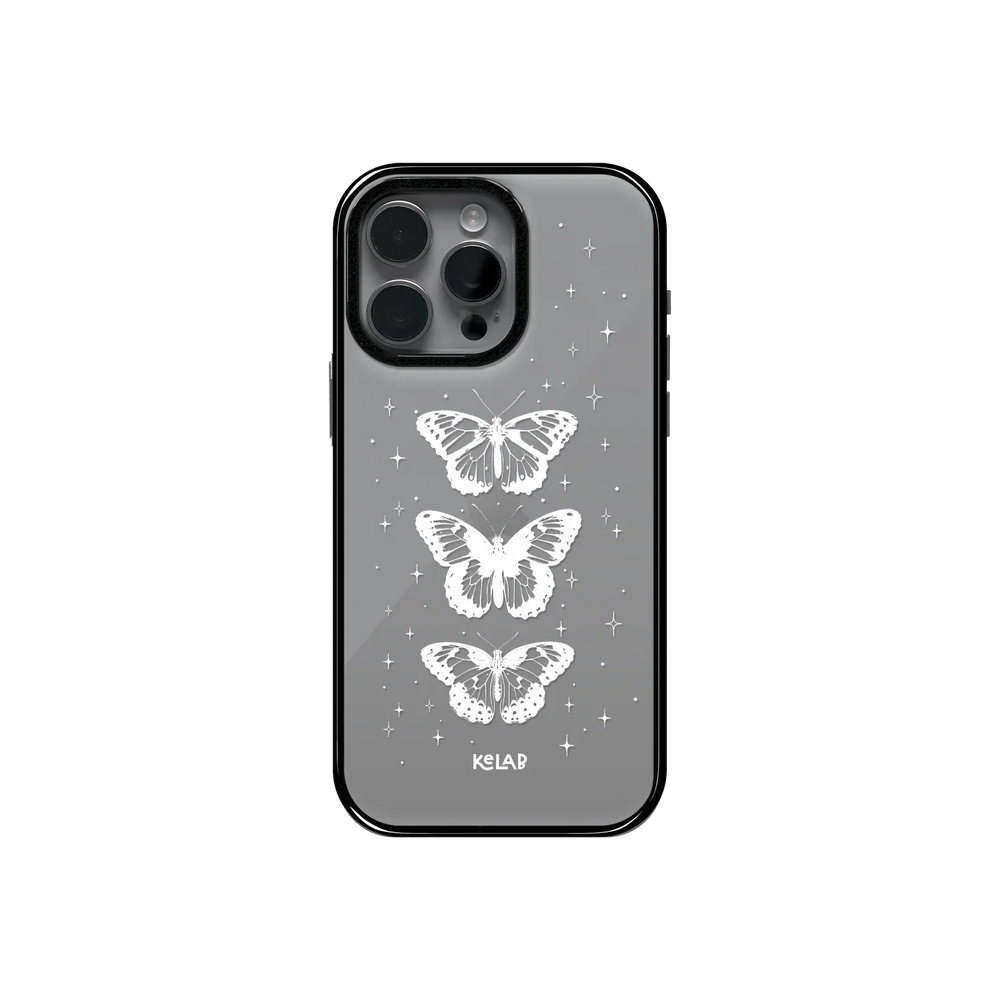 Elegant white butterfly clear case by KELAB featuring three celestial butterflies and star accents on a transparent phone case design.