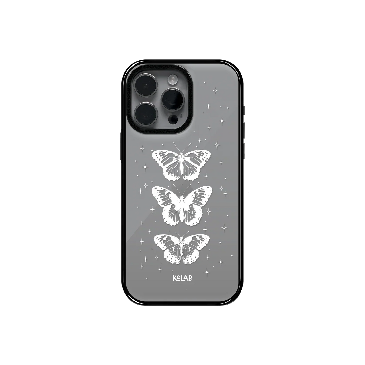 Elegant white butterfly clear case by KELAB featuring three celestial butterflies and star accents on a transparent phone case design.