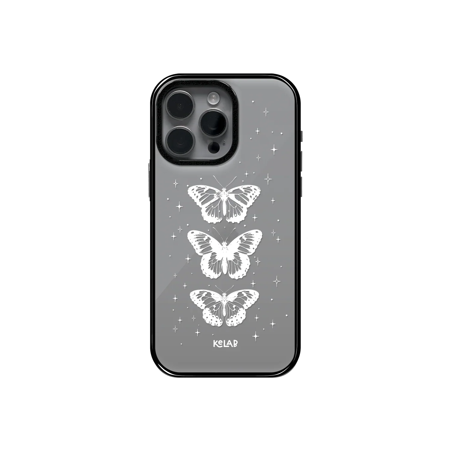 Elegant white butterfly clear case by KELAB featuring three celestial butterflies and star accents on a transparent phone case design.
