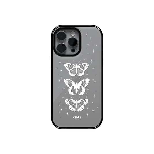 Elegant white butterfly clear case by KELAB featuring three celestial butterflies and star accents on a transparent phone case design.