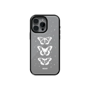 Elegant white butterfly clear case by KELAB featuring three celestial butterflies and star accents on a transparent phone case design.