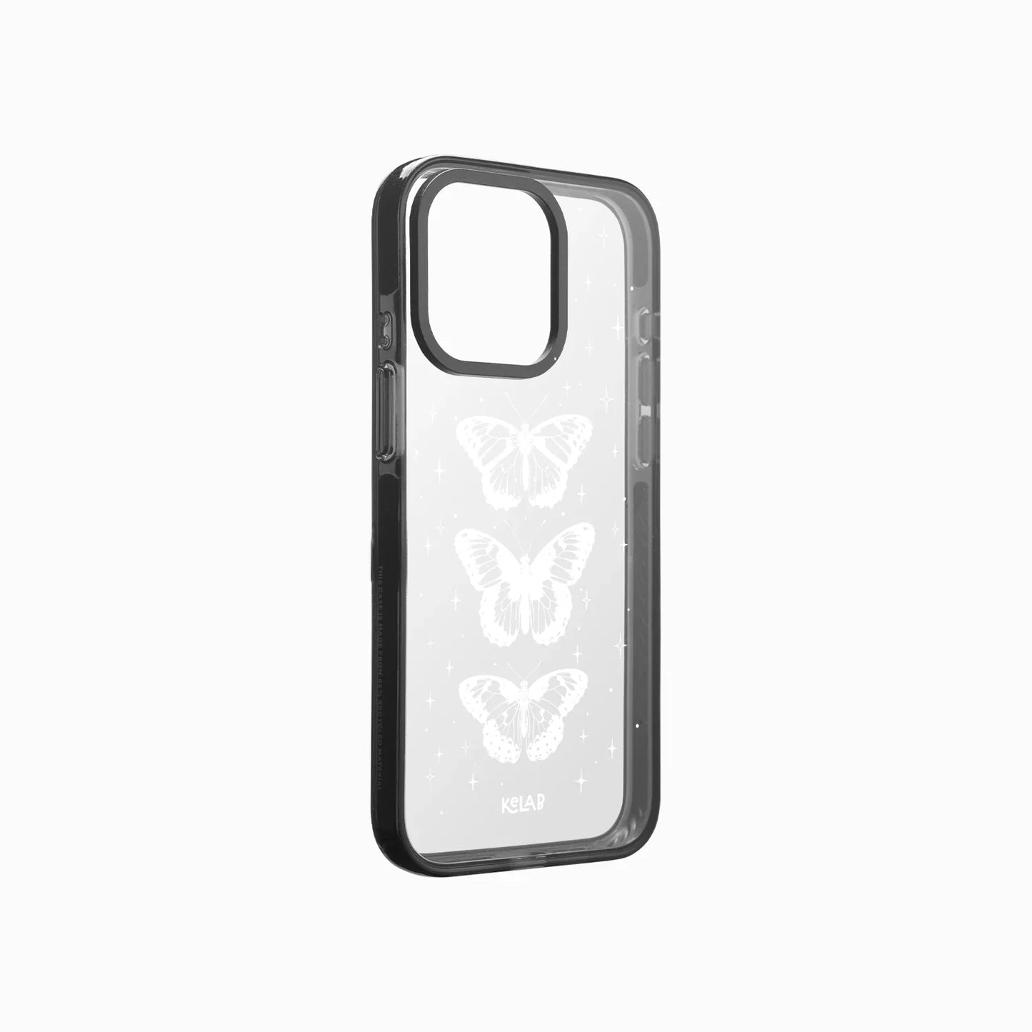 Elegant white butterfly clear case by KELAB featuring three celestial butterflies and star accents on a transparent background. Ideal for a dreamy, feminine phone aesthetic.