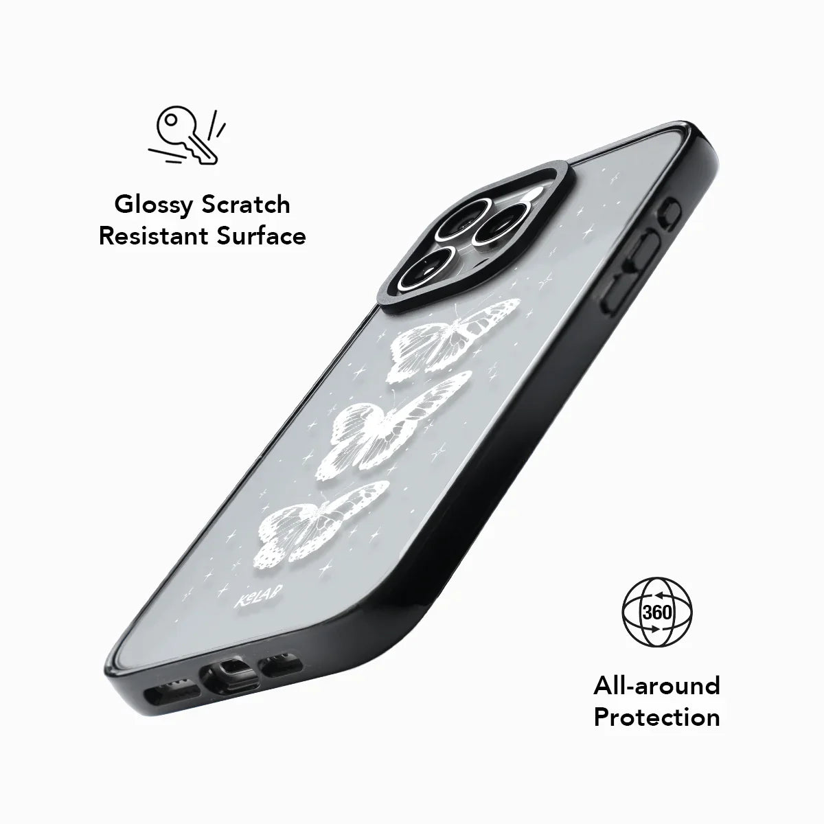 Elegant white butterfly clear case by KELAB featuring a glossy scratch-resistant surface and starry celestial design for all-around phone protection.