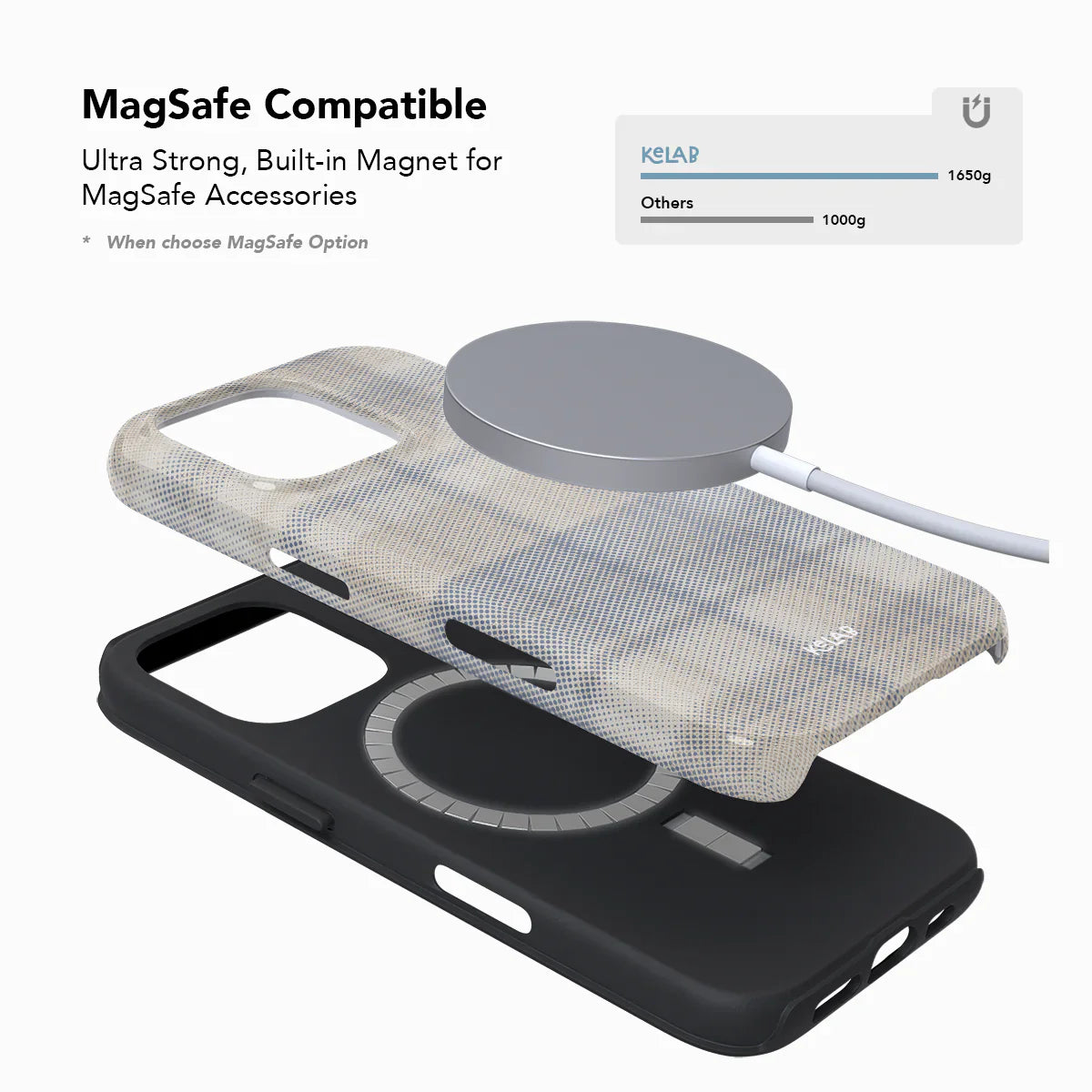 MagSafe compatible Oatmilk Flannel iPhone Case with built-in magnet and plaid cover, designed for strong magnetic accessory support.