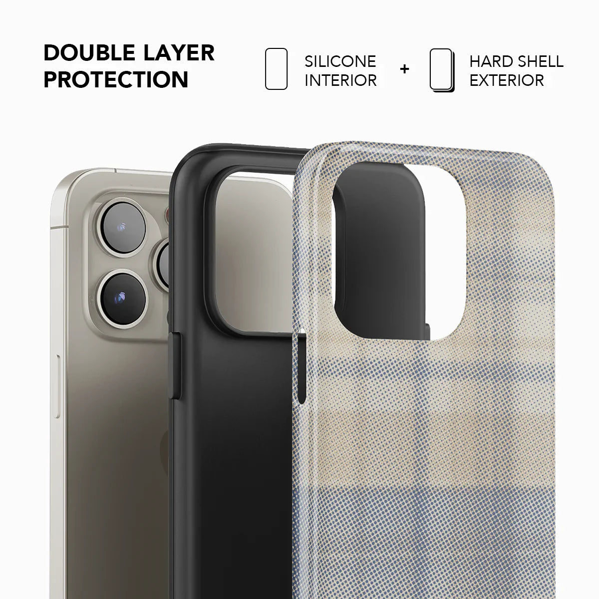 Double-layer Oatmilk Flannel Phone Case showing silicone interior and hard plaid exterior for enhanced drop protection and durability.