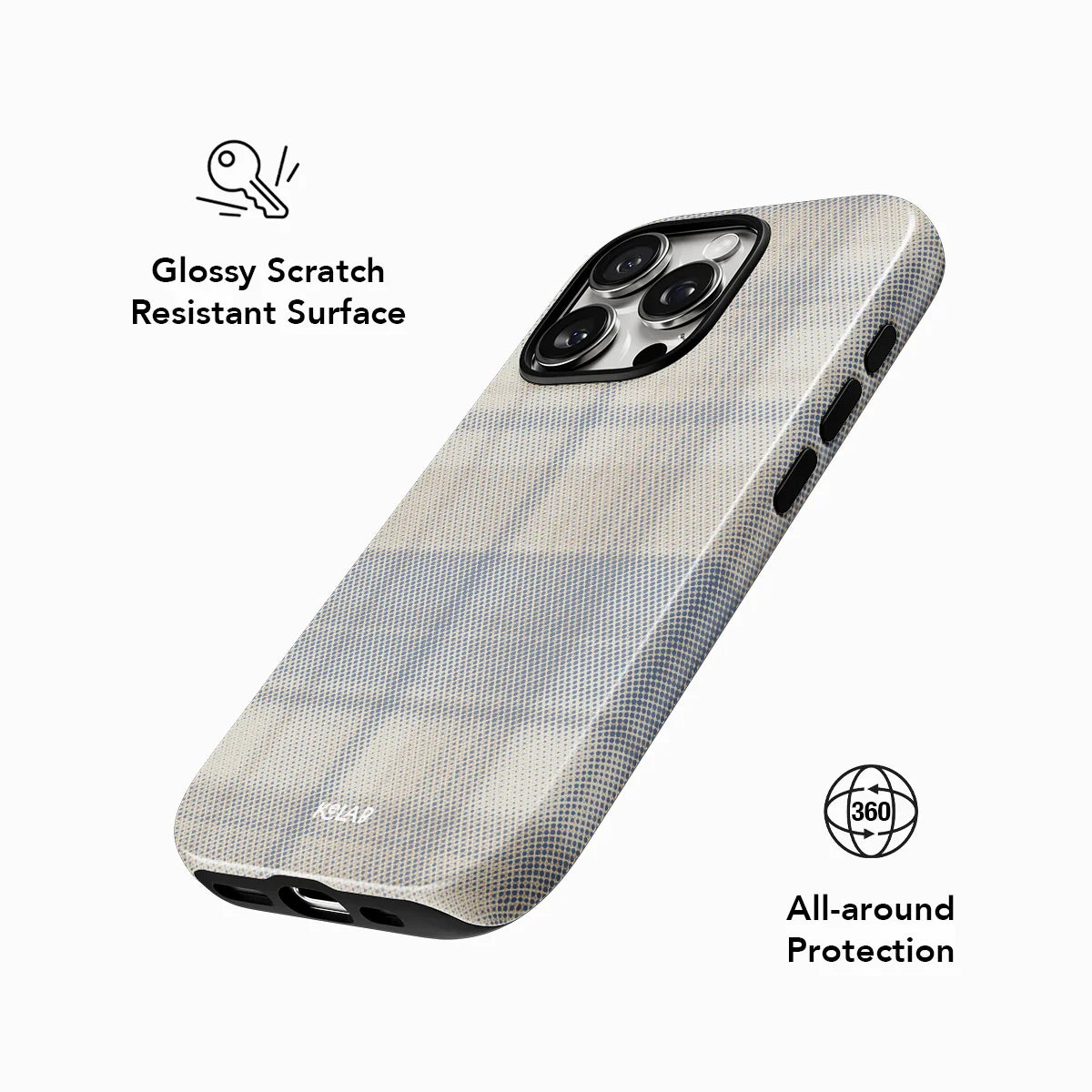 Glossy scratch-resistant Oatmilk iPhone Case with full 360° protection and plaid design, ideal for minimalist and casual styles.