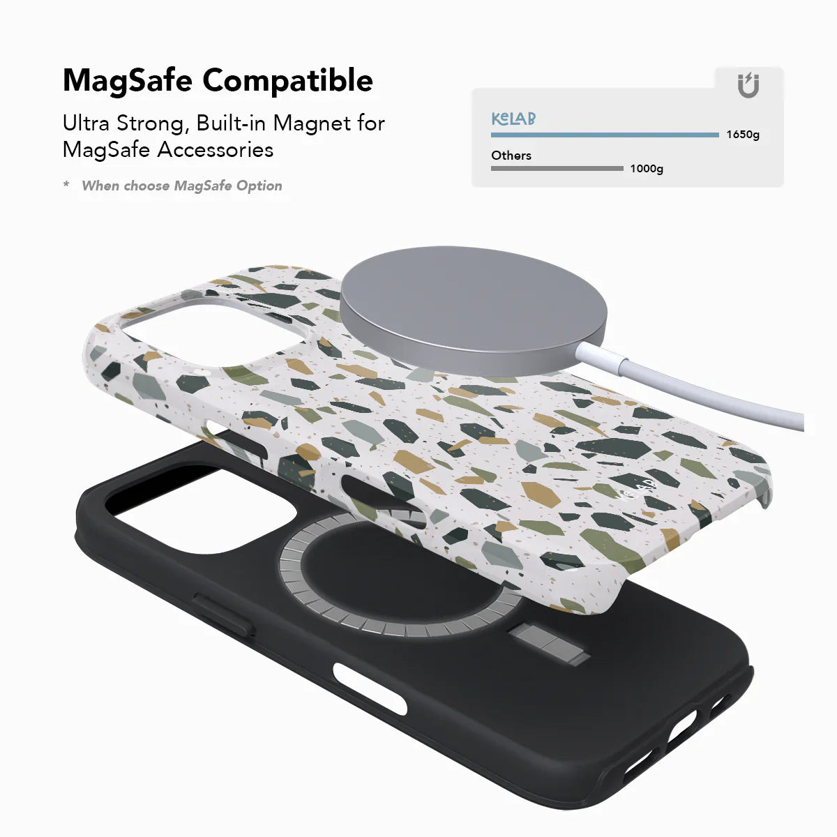 MagSafe compatible terrazzo iPhone case with built-in magnet and dual-layer protection, perfect for seamless accessory use.