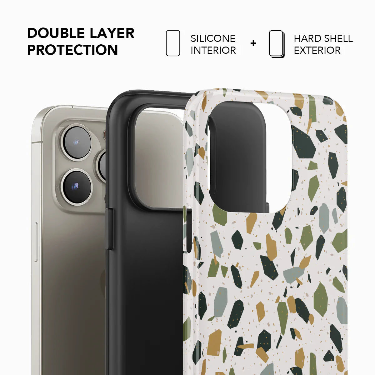 Double-layer White Terrazzo Phone Case with silicone interior and hard shell exterior for enhanced durability and drop protection.