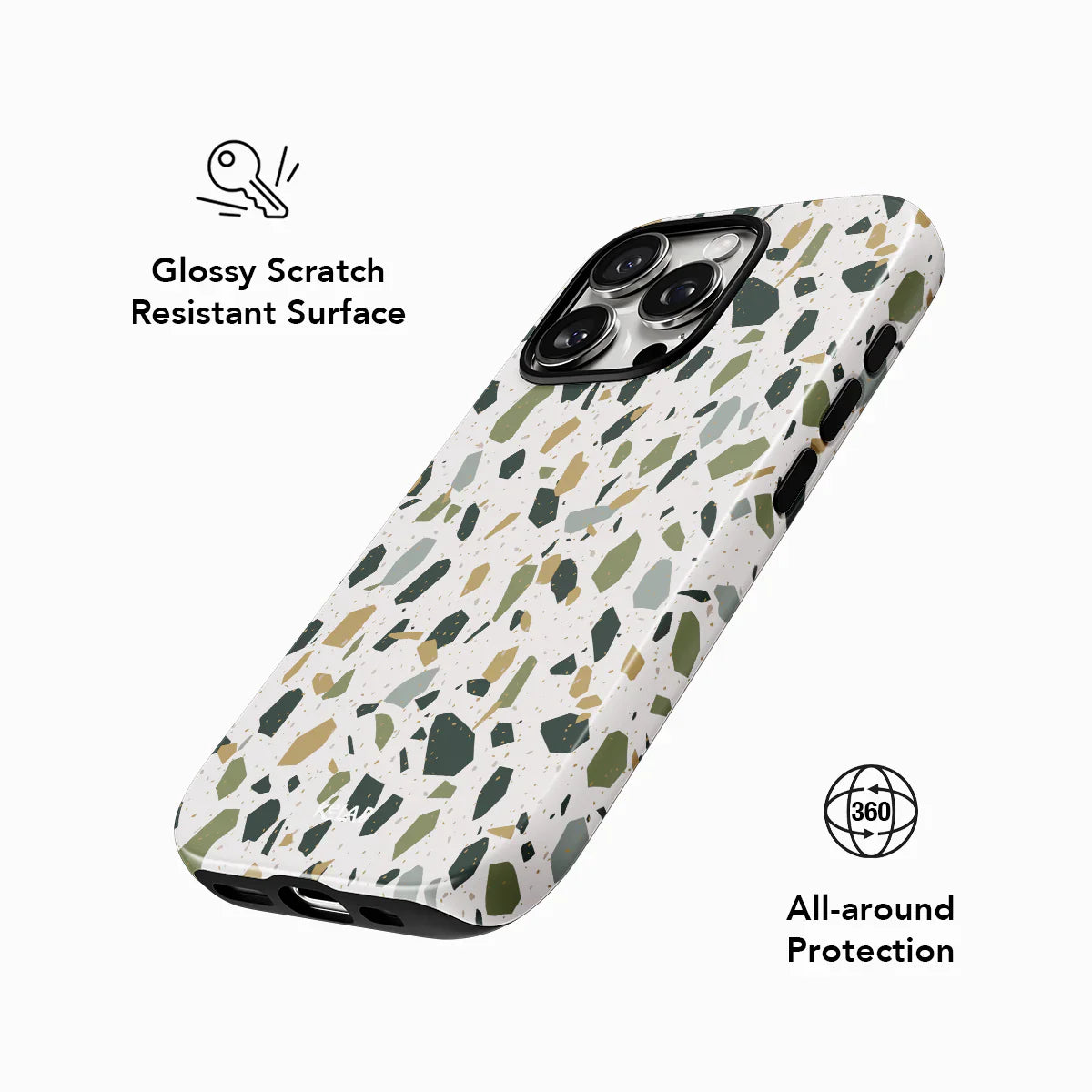 Glossy scratch-resistant terrazzo iPhone case with 360° all-around protection and colorful speckled pattern on a white base.