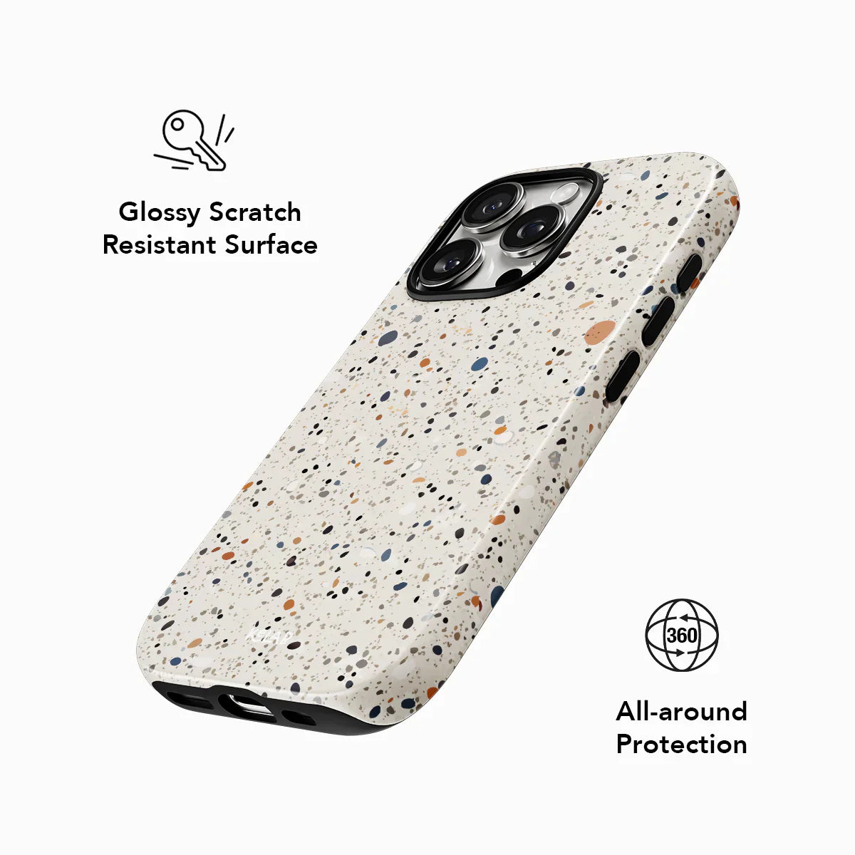 Glossy, scratch-resistant Ivory Haze phone case by KELAB offering 360-degree all-around protection with artistic paint splatter design.