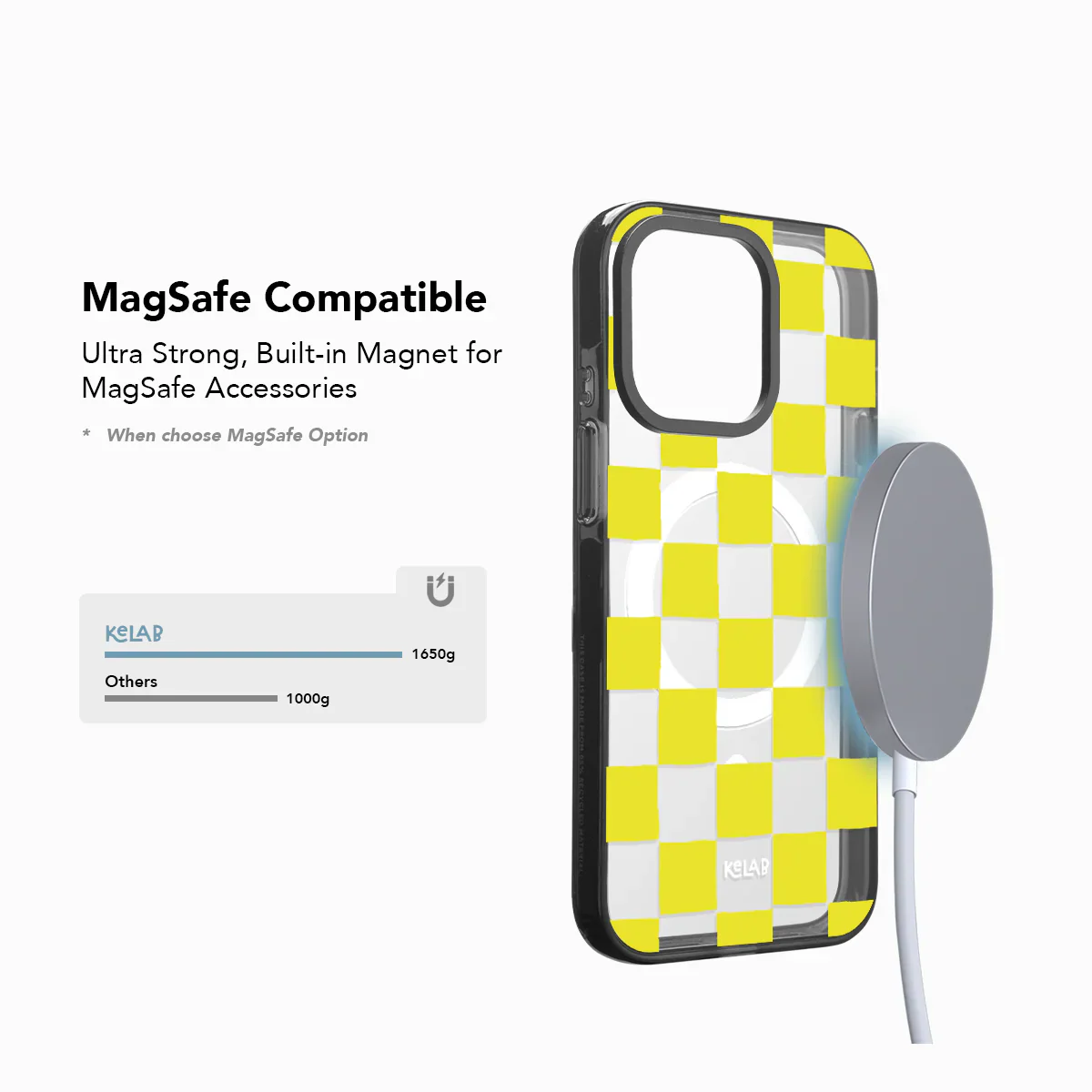 Yellow checkered phone case with built-in magnet for MagSafe accessories on a white background.