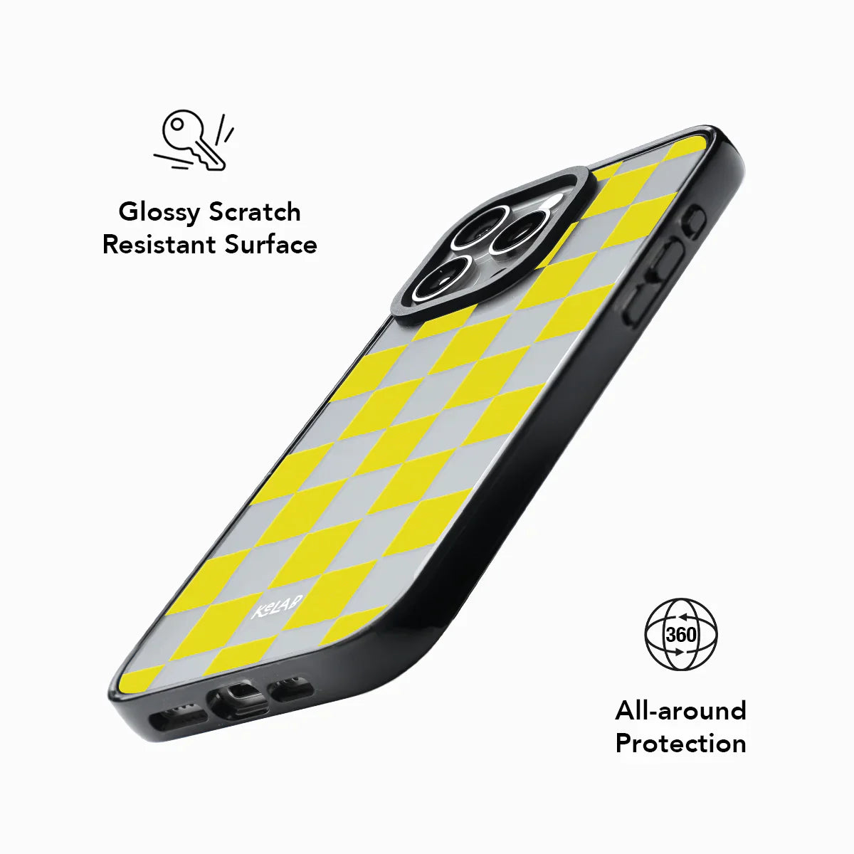 Phone case with yellow checkered pattern on a white background
