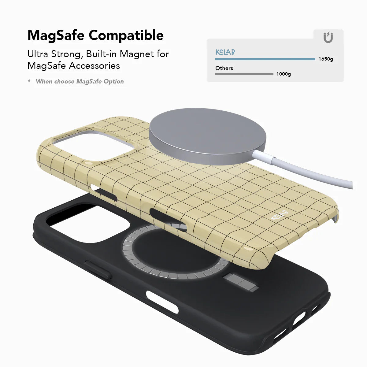 MagSafe compatible iPhone case in soft yellow grid design. Built-in magnet ensures secure fit for accessories with stylish minimalist appeal.