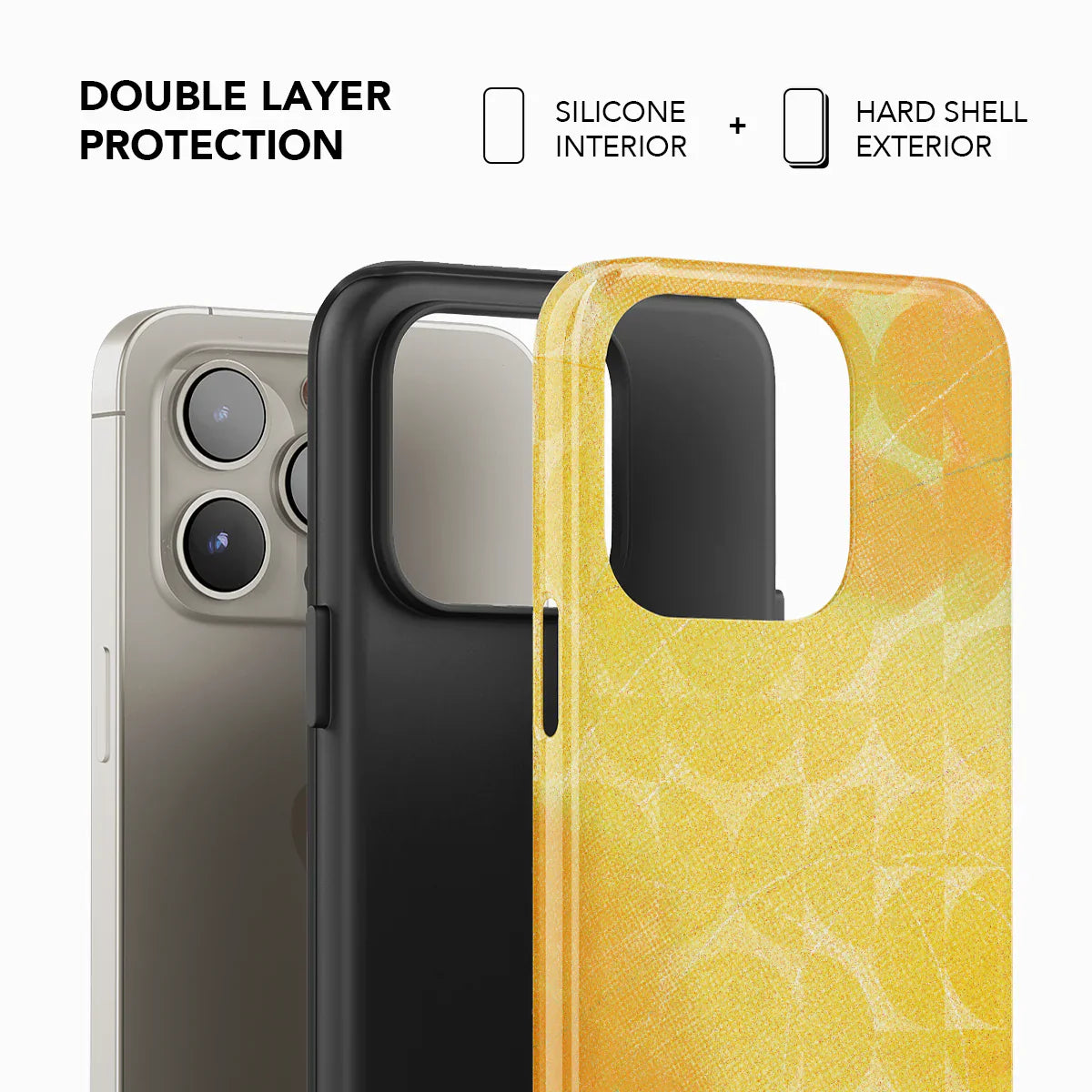 KELAB retro yellow iPhone case with dual-layer protection, combining silicone interior and hard shell exterior for enhanced durability.