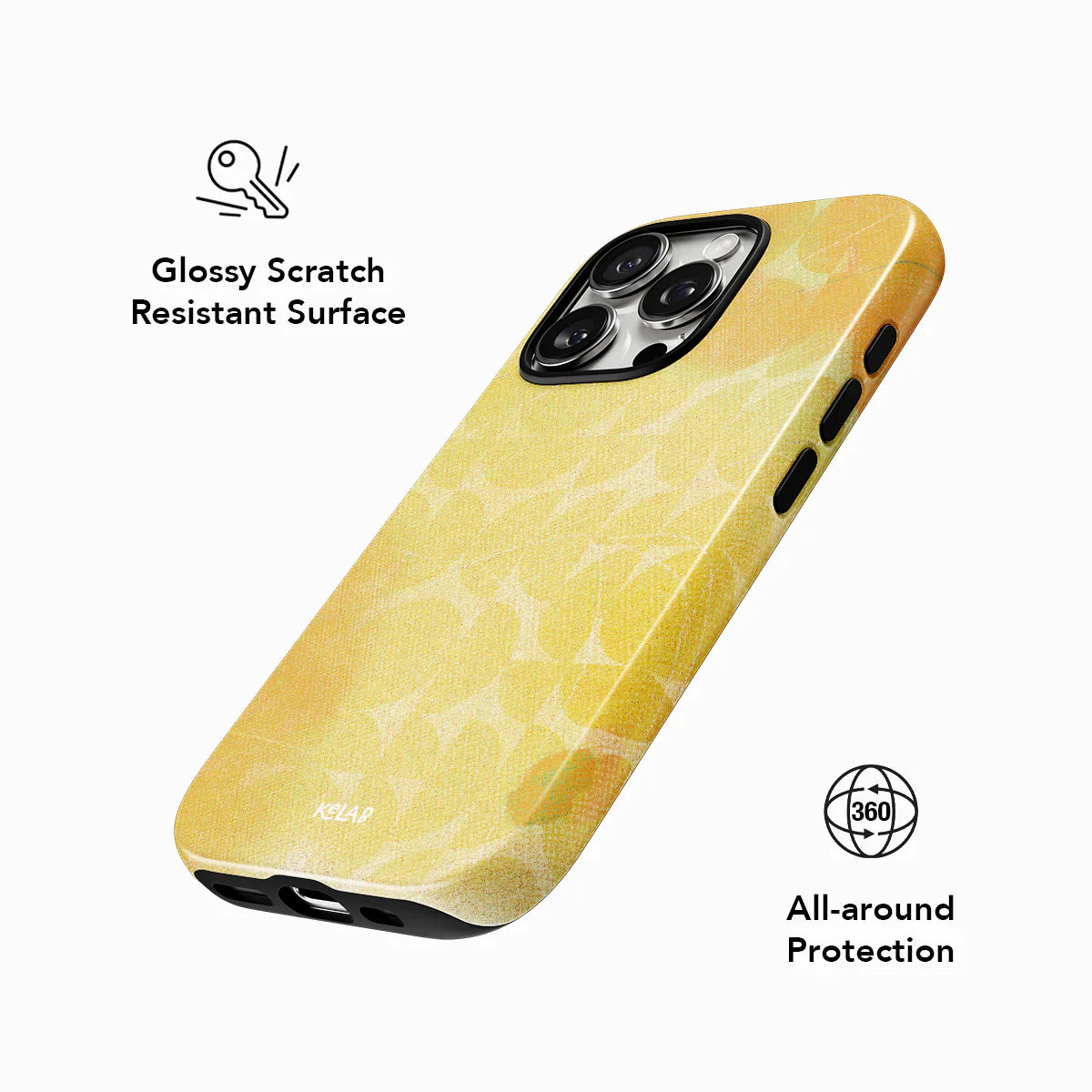 Glossy scratch-resistant KELAB iPhone case in retro yellow pattern, offering 360-degree all-around protection with a stylish finish.