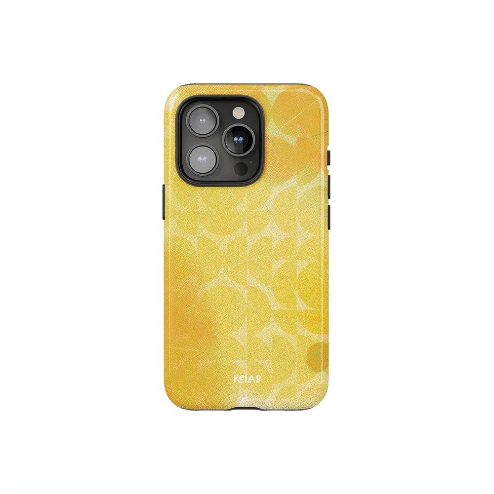 Retro Pattern iPhone Case – Summer Yellow Style by KELAB featuring a bold geometric print and glossy finish for stylish phone protection.