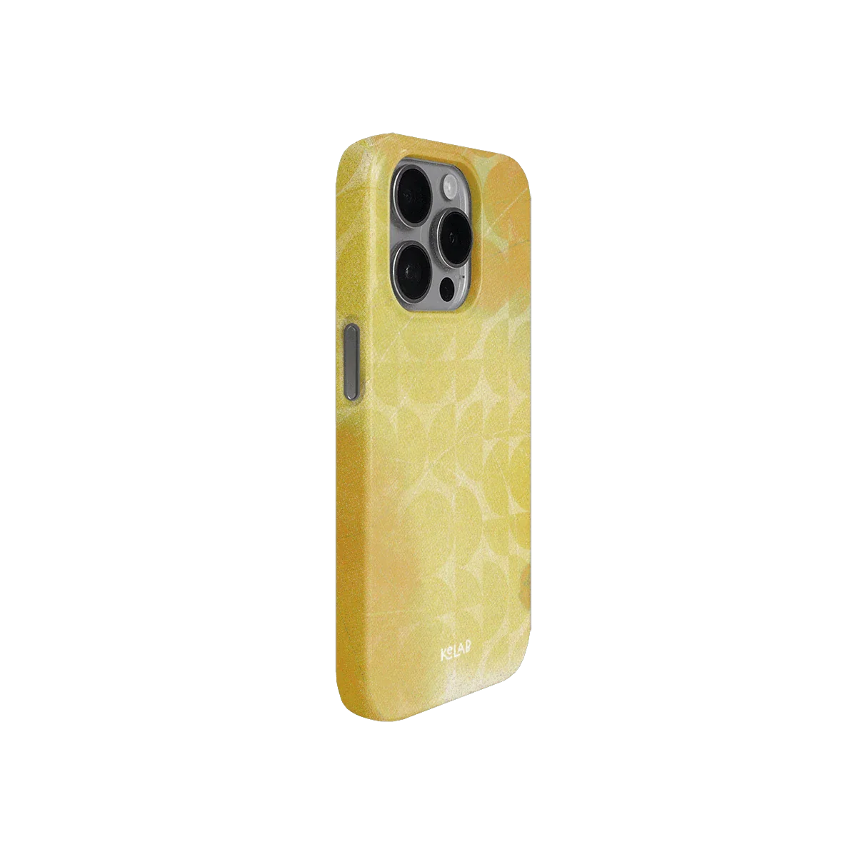 Angled view of KELAB yellow iPhone case with retro geometric pattern, showcasing slim fit and vibrant summer-inspired design.