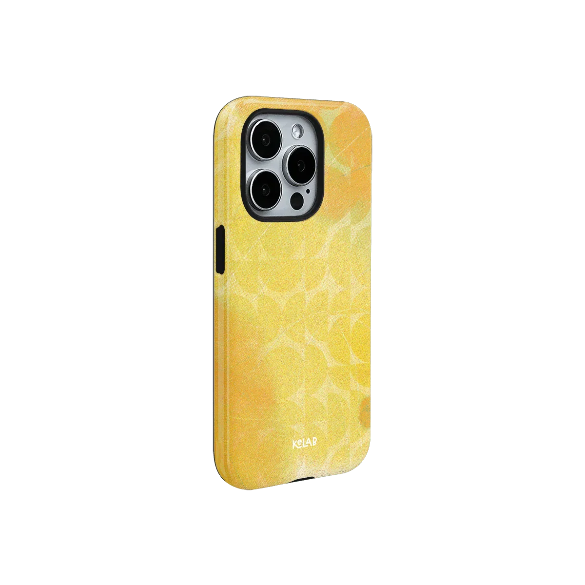 Bright yellow KELAB iPhone case with retro geometric design, offering vibrant summer vibes and sleek side profile for modern phone users.