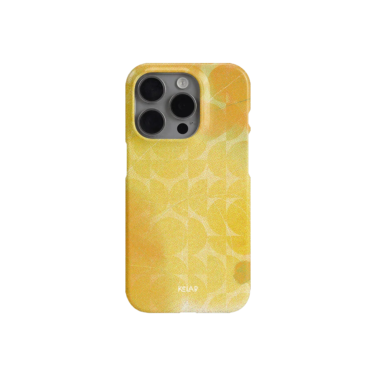 Back view of KELAB iPhone case in bright yellow with abstract retro pattern, ideal for summer style and minimalist phone protection.